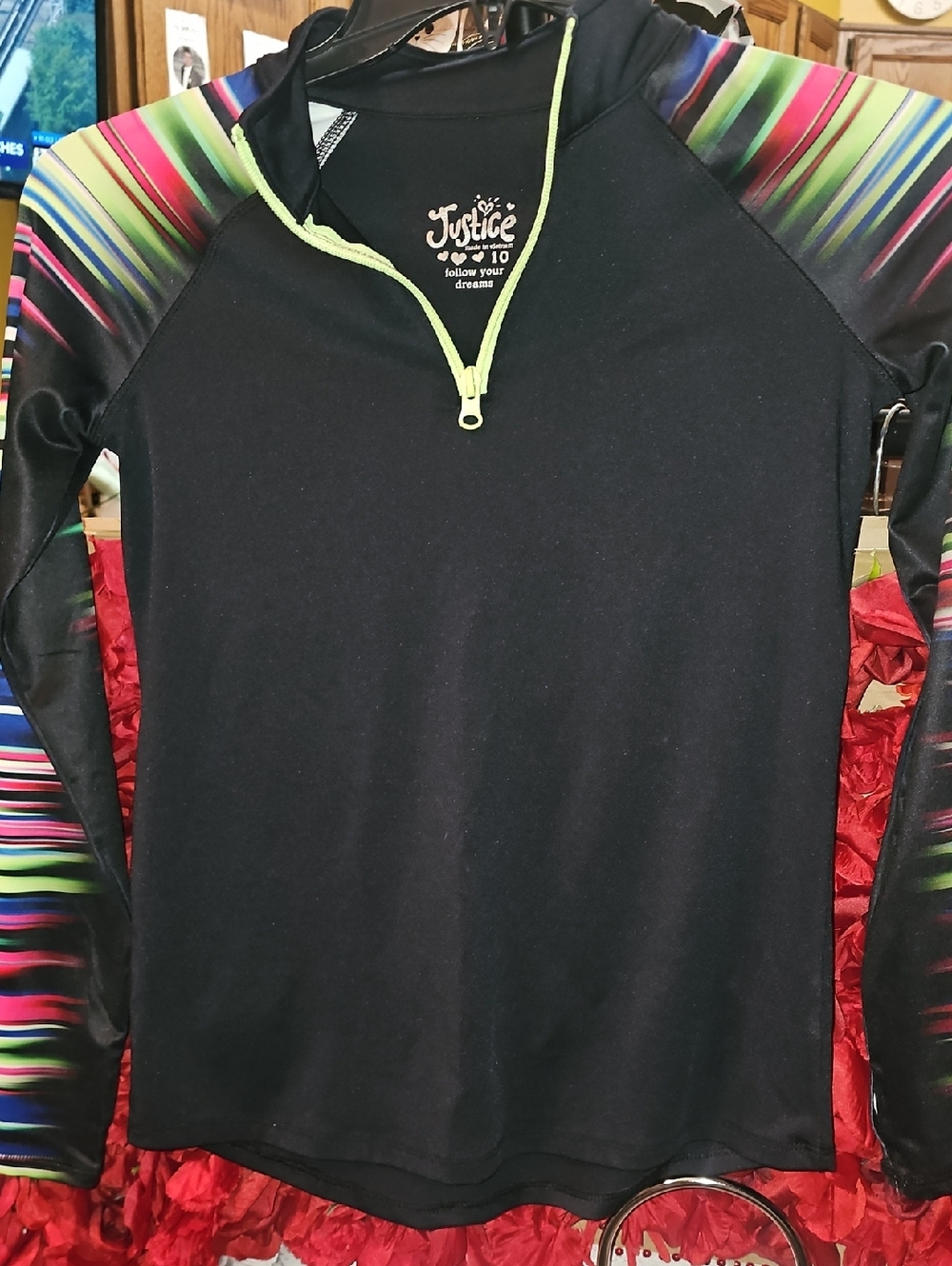 Justice Black Hoodie with Neon Yellow Zip and Rainbow Stripe Sleeves Size 10